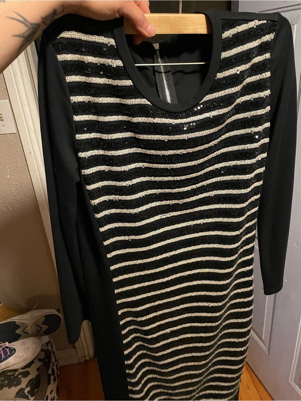 MaxMara Black Long-Sleeve Dress with Cream Sequin Stripes